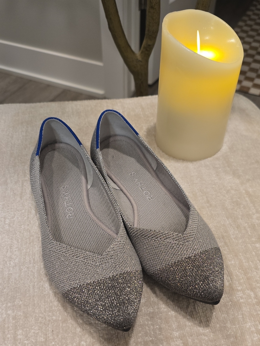 Rothys Gray Knit Pointed-Toe Flats with Blue Trim